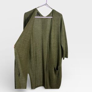 Talbots Linen Long Cardigan Open Front Olive Green Pockets V-neck Lightweight 1X
